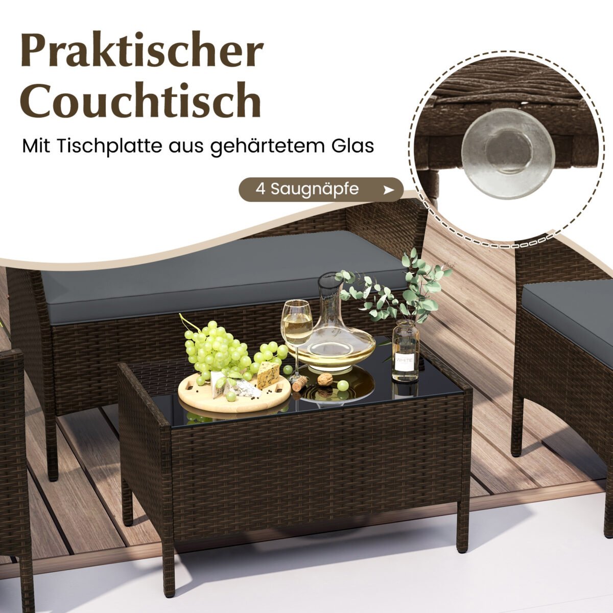 Pintų lauko baldų komplektas su dvisėde sofa 2 kėdėmis ir stalu (Pilka) – Paveikslėlis 3