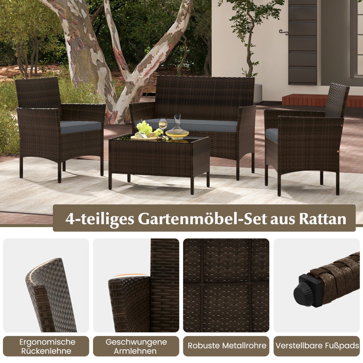 Pintų lauko baldų komplektas su dvisėde sofa 2 kėdėmis ir stalu (Pilka) – Paveikslėlis 4