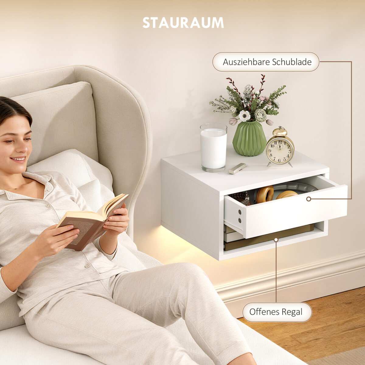 Plaukiojantys naktiniai staliukai su RGB LED apšvietimu, stalčiumi ir atviru skyriumi, 2 vnt – Paveikslėlis 6