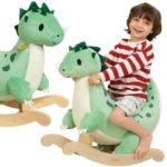 Pliušinis supamas dinozauras su mediniu pagrindu