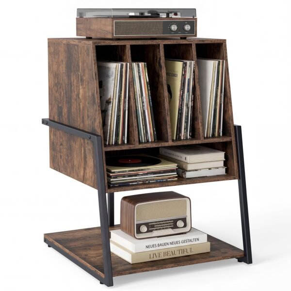 Plokštelių grotuvo stovas su plačiu stalviršiu ir integruota įkrovimo stotele (Kaimiška ruda)