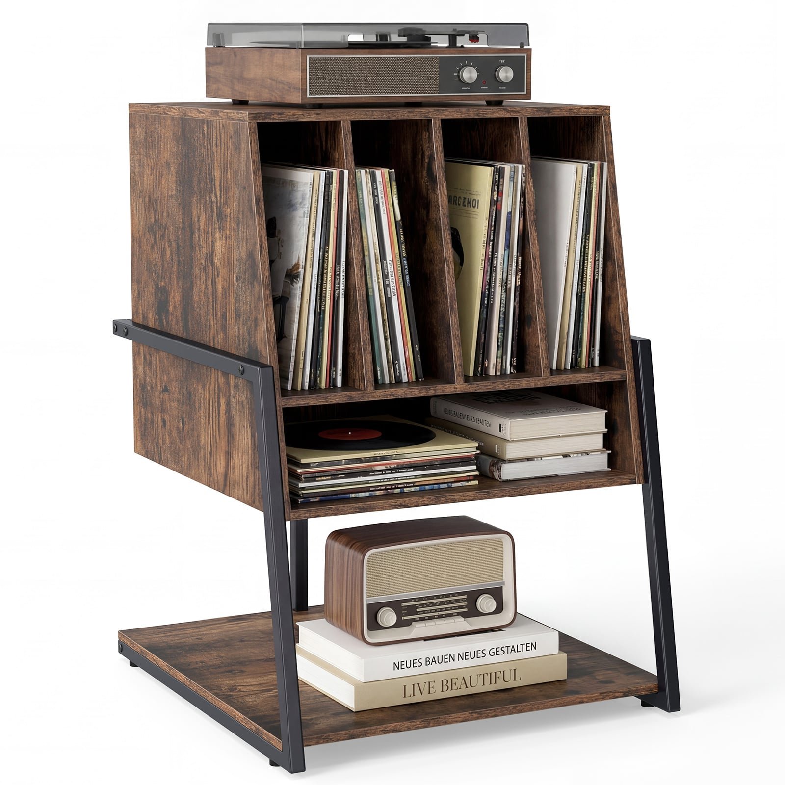 Plokštelių grotuvo stovas su plačiu stalviršiu ir integruota įkrovimo stotele (Kaimiška ruda)