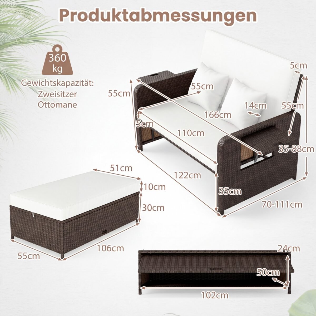 Poliratano dvivietis gultas su reguliuojamu atlošu ir pufu su dėže (Balta) – Paveikslėlis 5