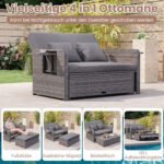 Poliratano lauko sofa su reguliuojama atrama nugarai ir išskleidžiamais staliukais (Pilka) – Paveikslėlis 2