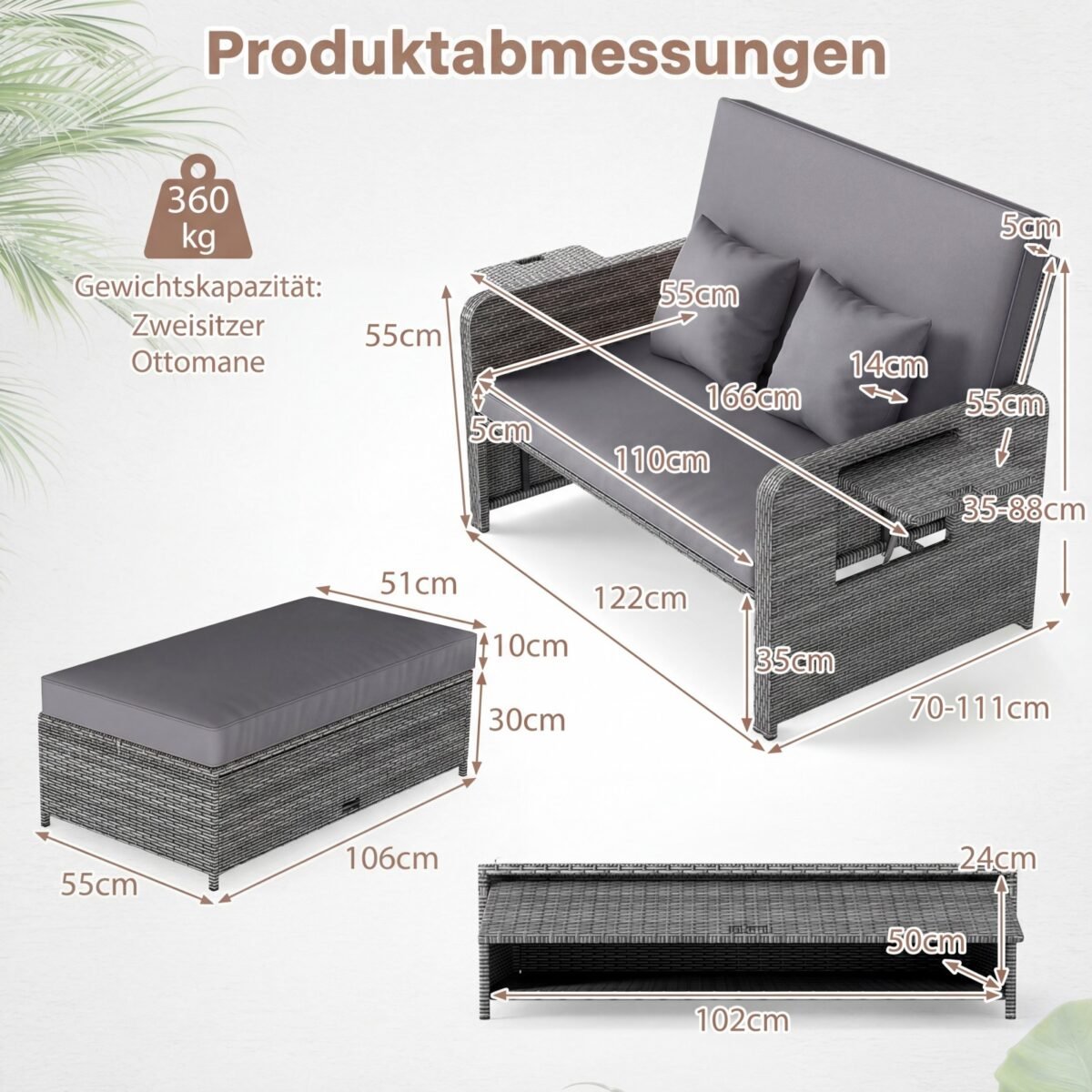 Poliratano lauko sofa su reguliuojama atrama nugarai ir išskleidžiamais staliukais (Pilka)