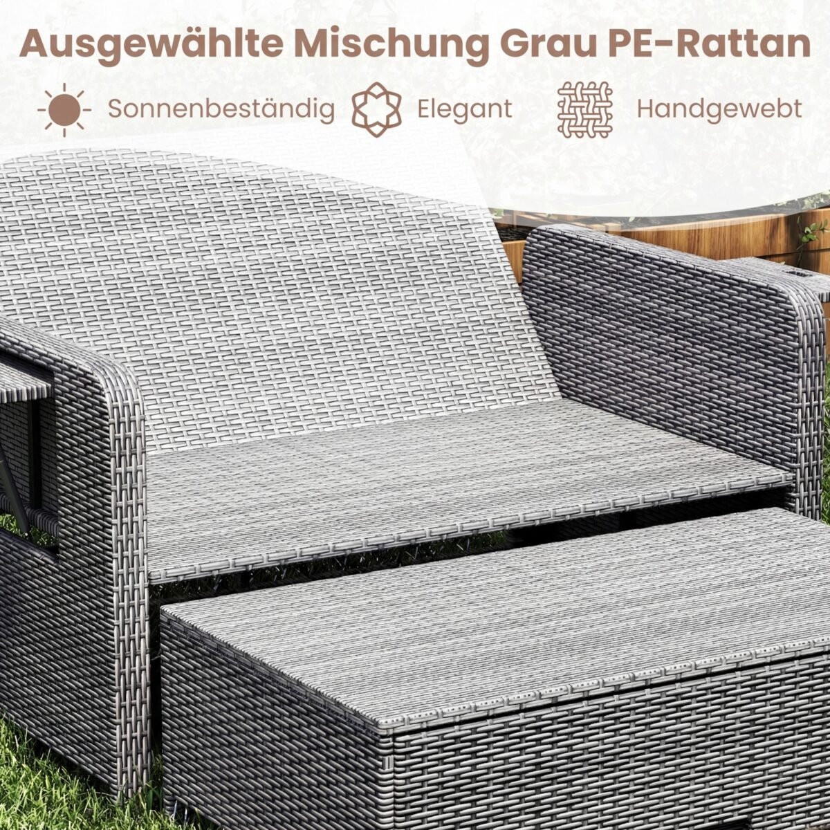 Poliratano lauko sofa su reguliuojama atrama nugarai ir išskleidžiamais staliukais (Pilka) – Paveikslėlis 4