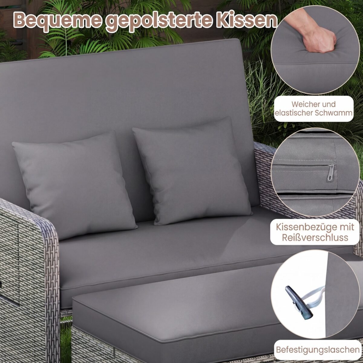 Poliratano lauko sofa su reguliuojama atrama nugarai ir išskleidžiamais staliukais (Pilka) – Paveikslėlis 5