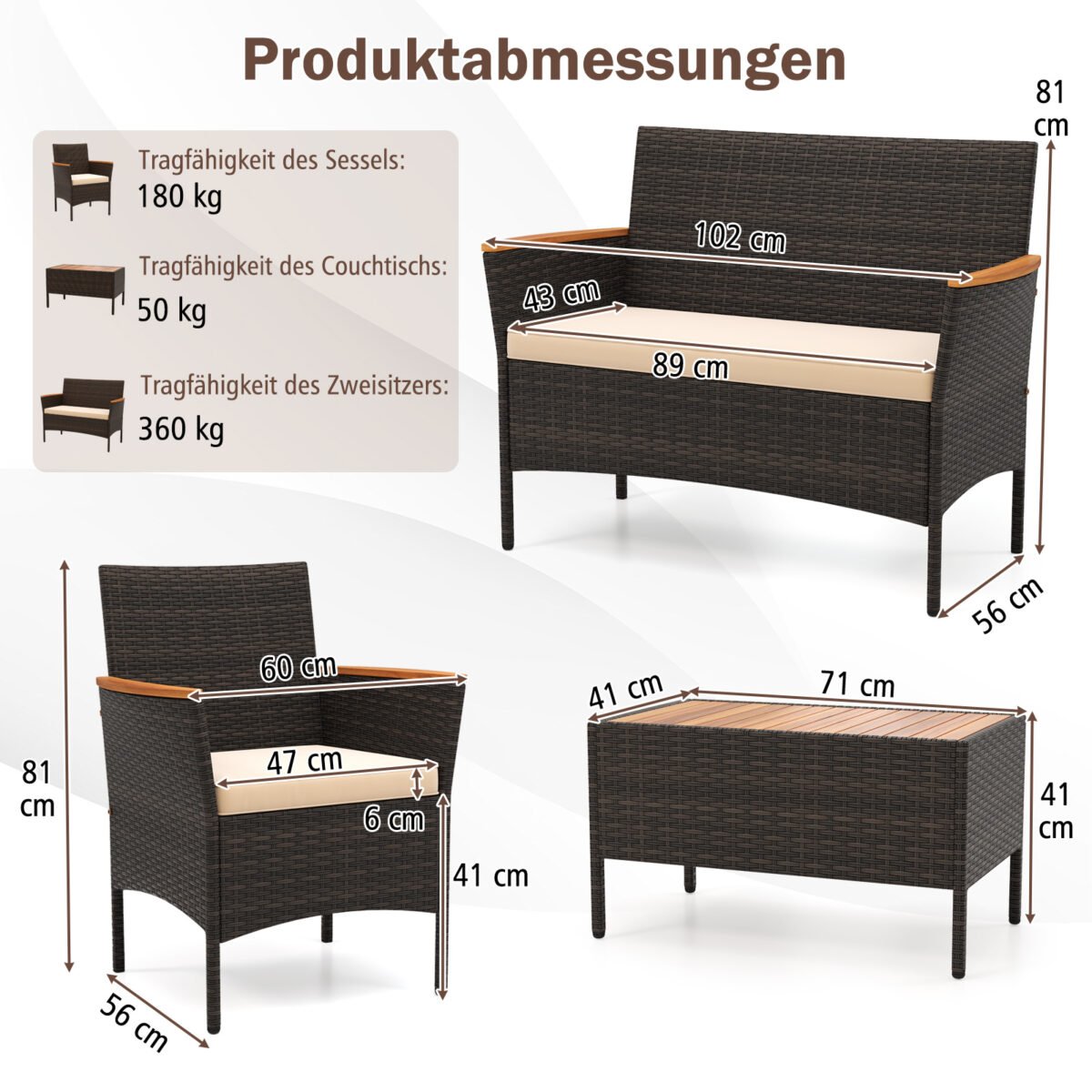 Poliratano sodo baldų komplektas su 2 krėslais suoliuku ir staliuku (Smėlio) – Paveikslėlis 2