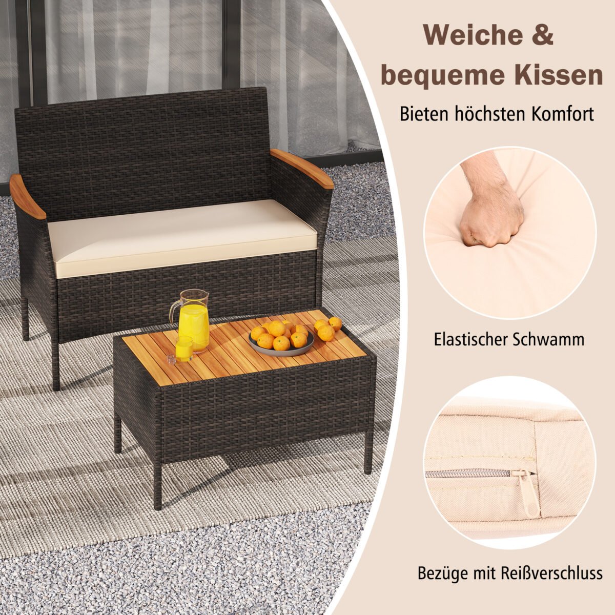 Poliratano sodo baldų komplektas su 2 krėslais suoliuku ir staliuku (Smėlio) – Paveikslėlis 5