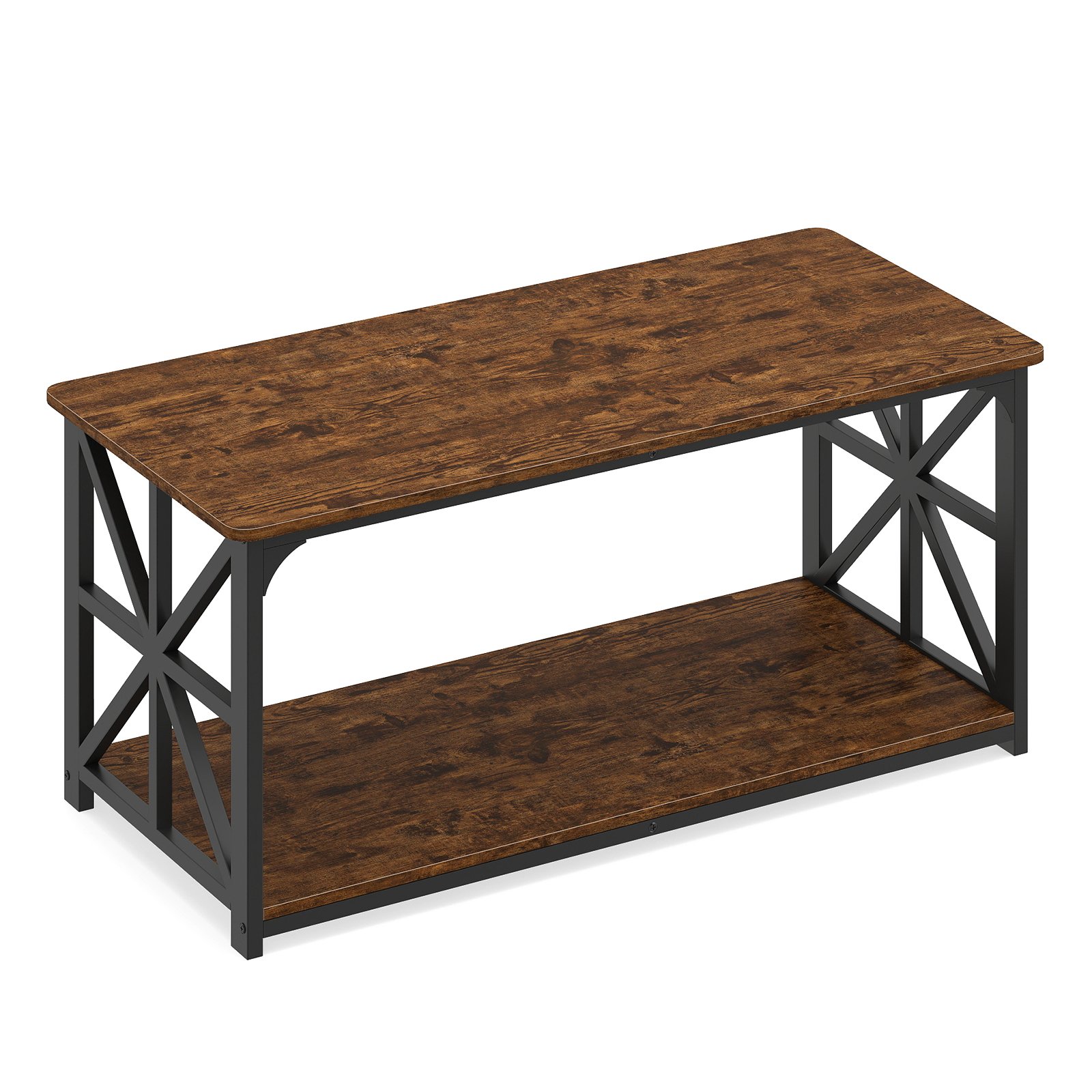 Pramoninio stiliaus kavos staliukas su dviem lentynomis (Rustikali ruda)
