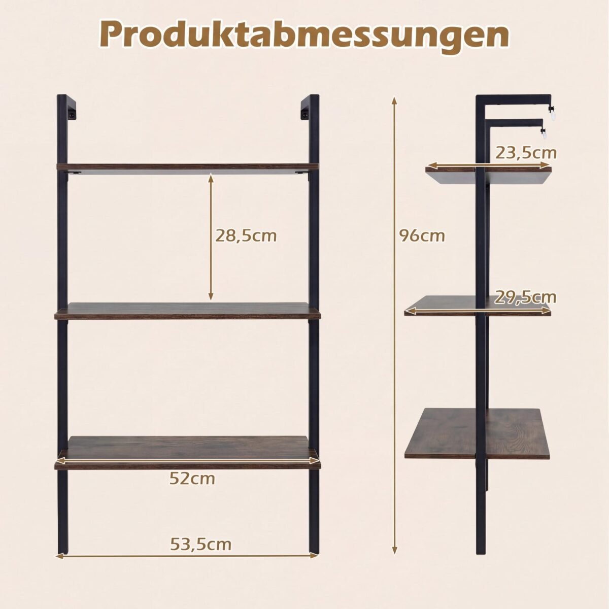 Prie sienos tvirtinama 3 pakopų lentyna su metaliniu rėmu (Ruda) – Paveikslėlis 2