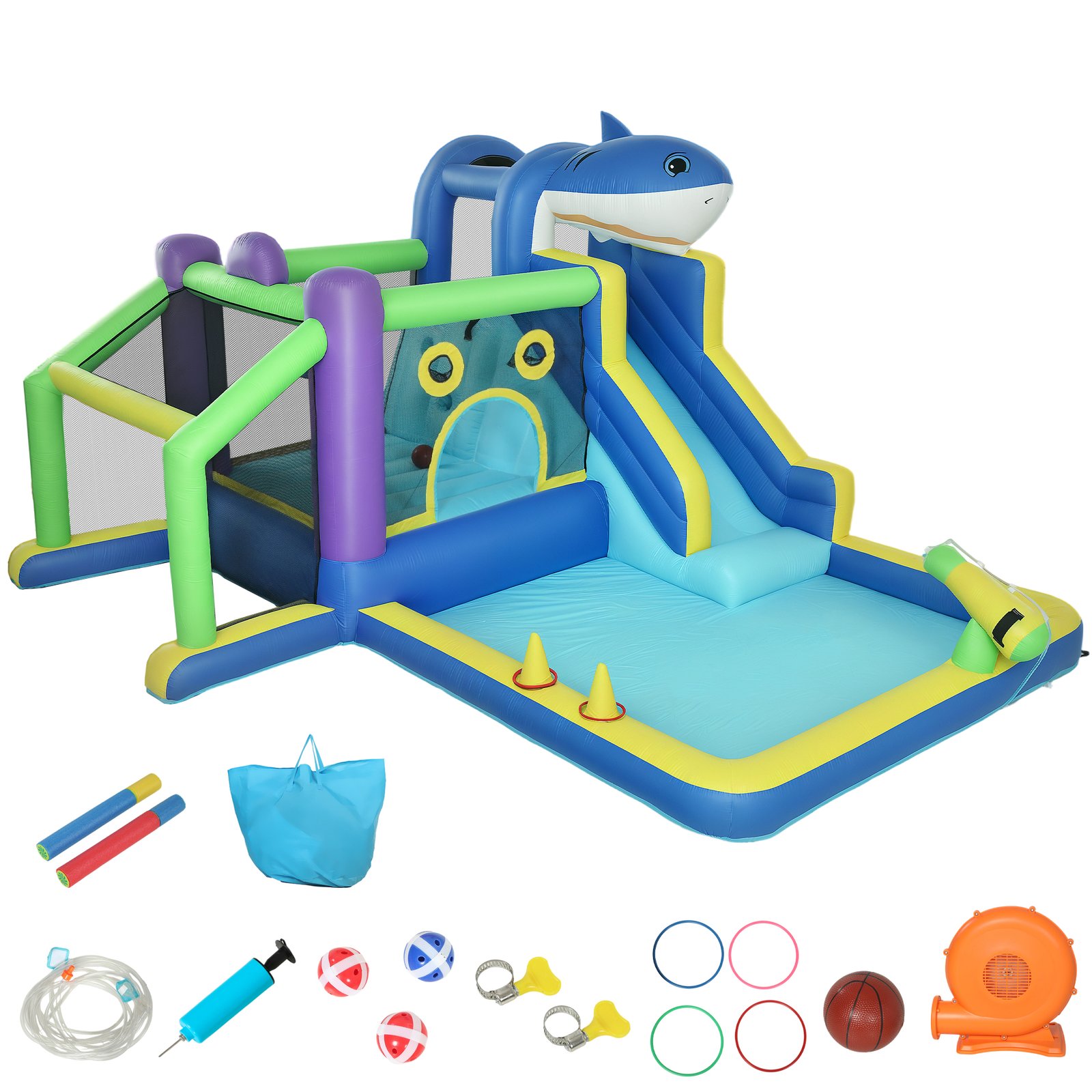 Pripučiamas 8 viename ryklio dizaino žaidimų parkas su pūstuvu