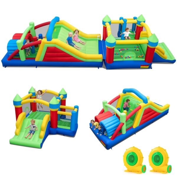 Pripučiamas žaidimų aikštelės komplektas su dviguba čiuožykla ir kliūtimis (Spalvota)