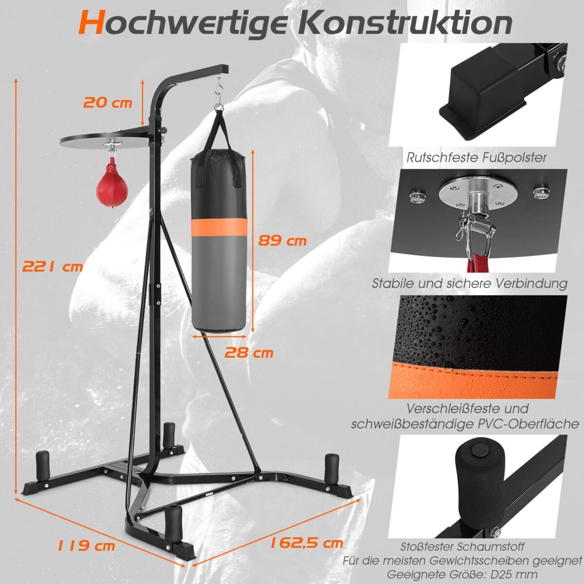 Profesionalus pastatomas bokso stovas su reguliuojamu greičio kamuoliu (Juoda) – Paveikslėlis 2