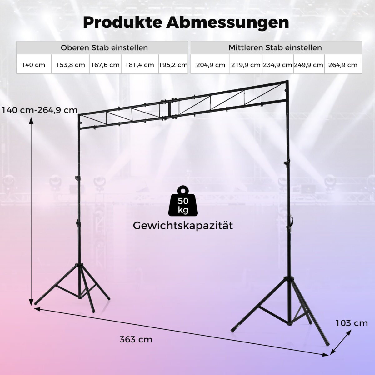Profesionalus DJ apšvietimo stovas su 363 cm skersiniu ir reguliuojamu aukščiu (Juoda) – Paveikslėlis 2