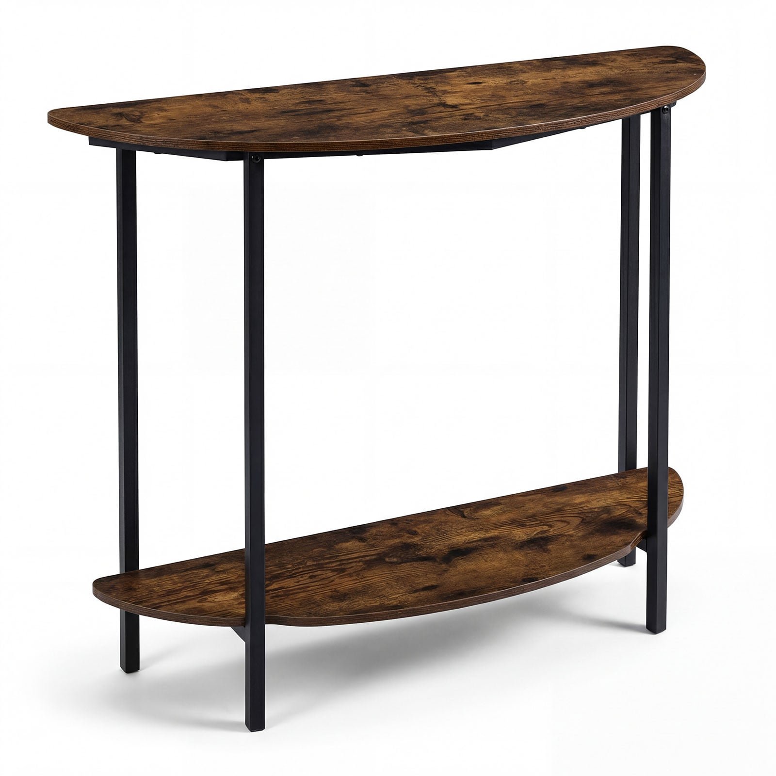 Pusapvalis konsolinis staliukas su 2 atviromis lentynomis (Rustikali ruda)
