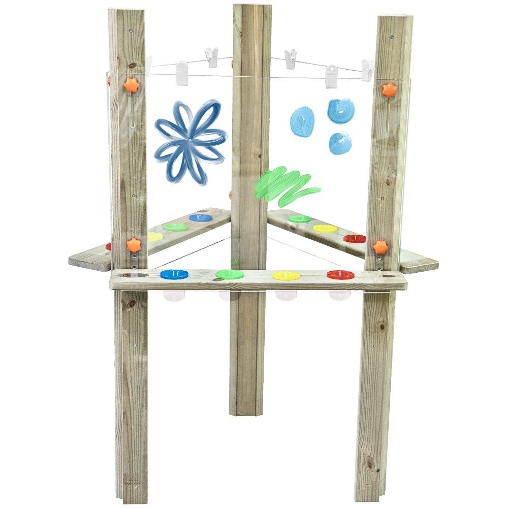 Pušinis trišakis lauko meno centras su skaidraus akrilo lentomis