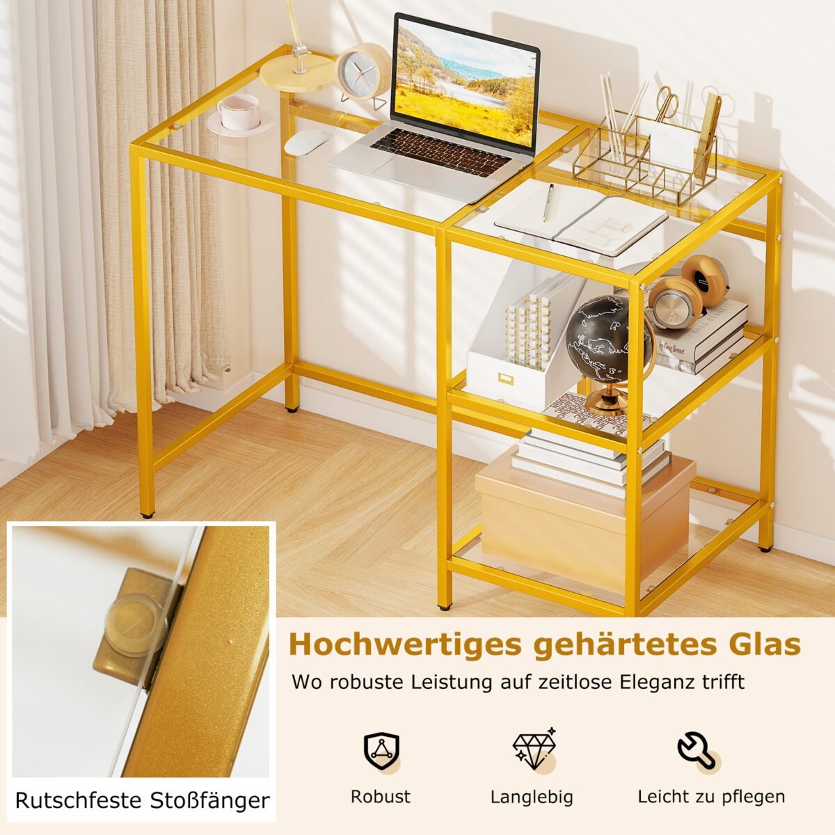 Rašomasis stalas su grūdinto stiklo stalviršiu ir metaliniu rėmu (Auksinė)