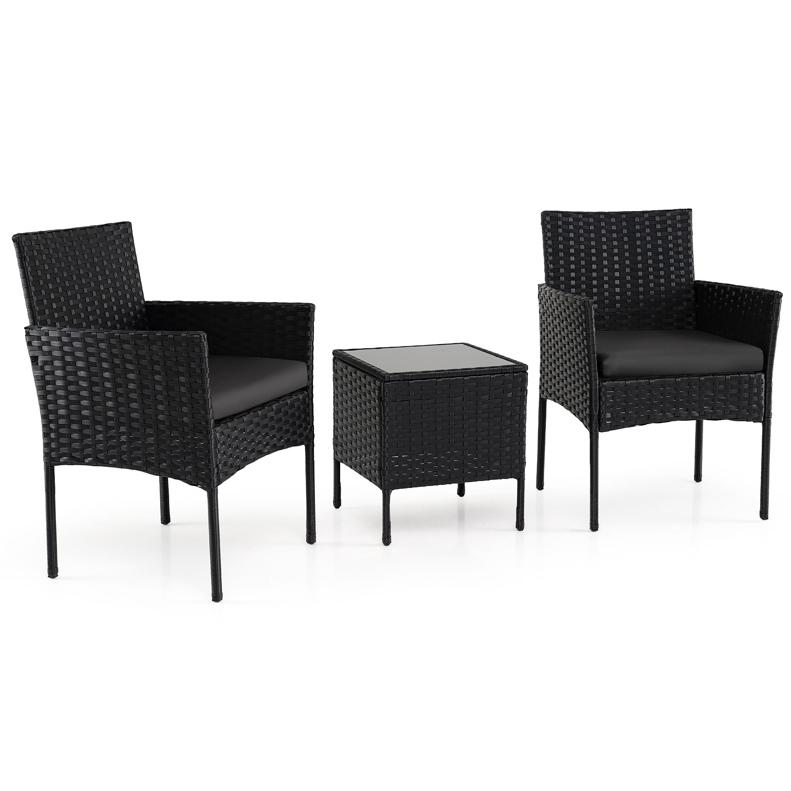 Rataninis 3 dalių lauko baldų komplektas su 2 kėdėmis ir stalu (Juoda)