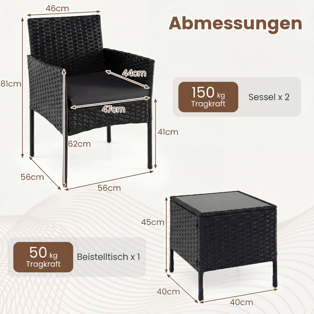 Rataninis 3 dalių lauko baldų komplektas su 2 kėdėmis ir stalu (Juoda) – Paveikslėlis 5