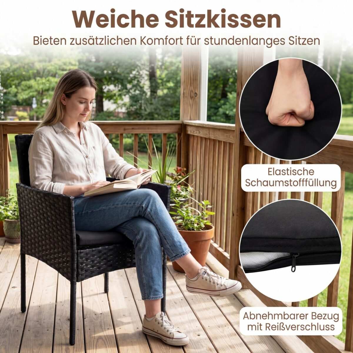 Rataninis 3 dalių lauko baldų komplektas su 2 kėdėmis ir stalu (Juoda) – Paveikslėlis 2