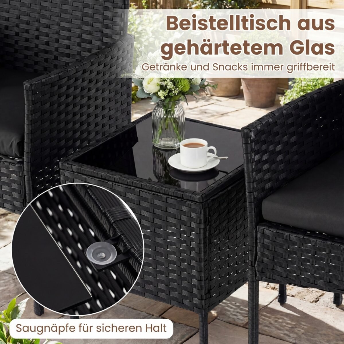 Rataninis 3 dalių lauko baldų komplektas su 2 kėdėmis ir stalu (Juoda) – Paveikslėlis 3