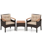 Rataninis lauko baldų komplektas su dviem krėslais ir akacijos medienos staliuku (Ruda)