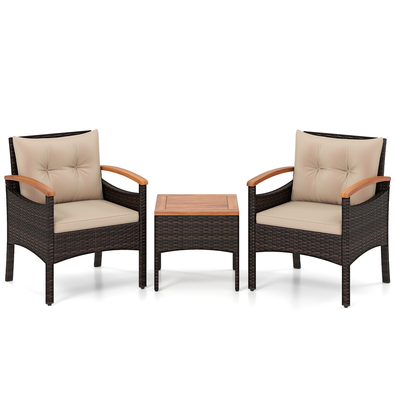 Rataninis lauko baldų komplektas su dviem krėslais ir akacijos medienos staliuku (Ruda)