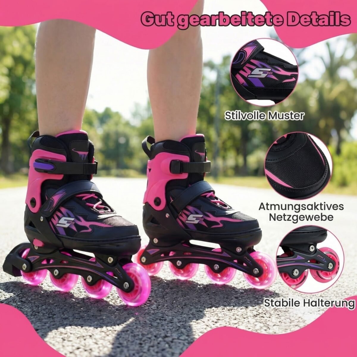 Reguliuojami vaikiški riedučiai su šviečiančiais ratais EU 34-37 (Rožinė) – Paveikslėlis 3