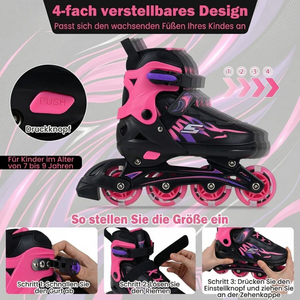 Reguliuojami vaikiški riedučiai su šviečiančiais ratais EU 34-37 (Rožinė) – Paveikslėlis 4