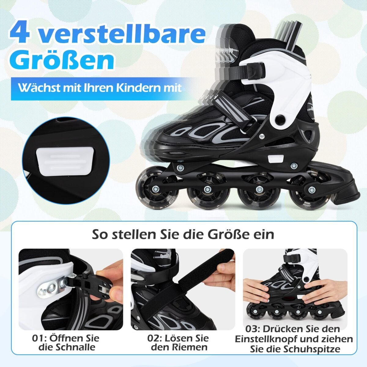 Reguliuojami vaikiški riedučiai su šviečiančiais ratukais 37-41 (EU) (Juoda ir balta) – Paveikslėlis 3