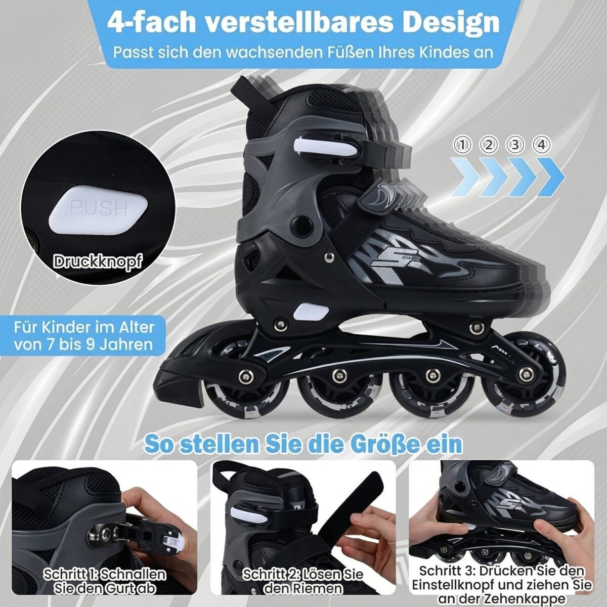 Reguliuojami vaikiški riedučiai su šviečiančiais ratukais EU 34-37 (Pilka) – Paveikslėlis 3