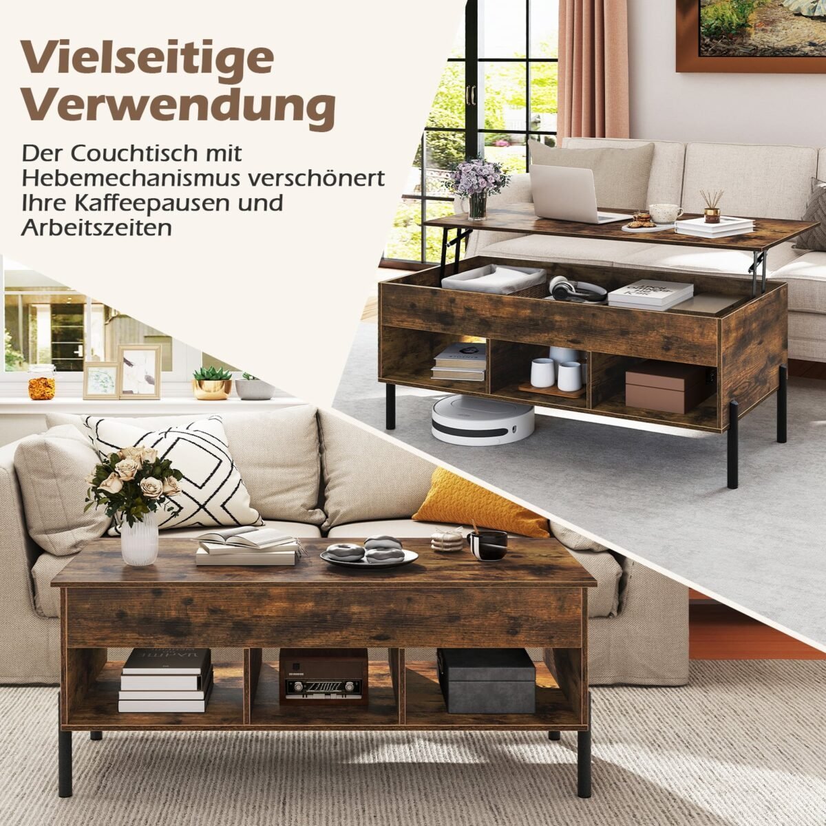 Reguliuojamo aukščio kavos staliukas su pakeliamu stalviršiu (Ruda)