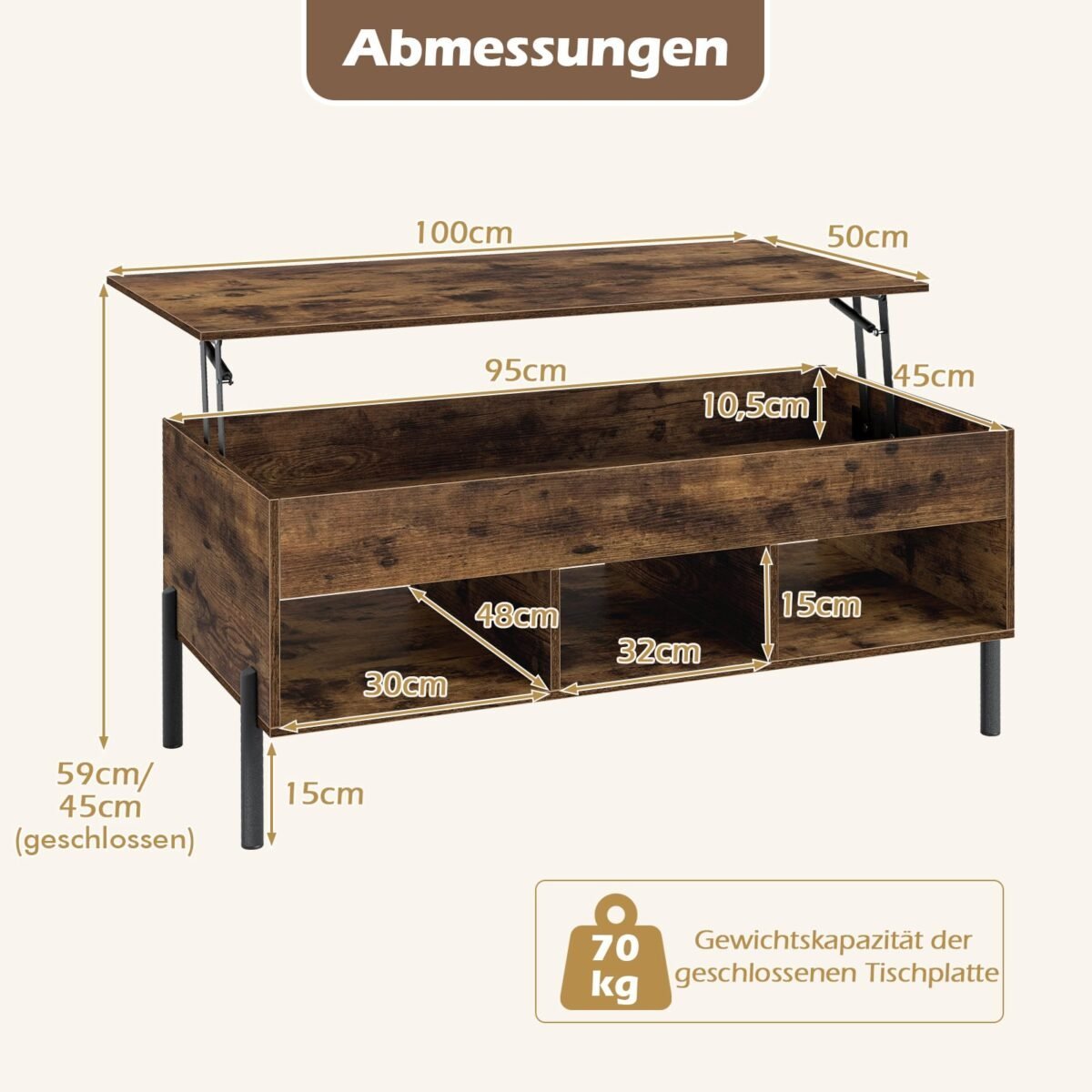 Reguliuojamo aukščio kavos staliukas su pakeliamu stalviršiu (Ruda) – Paveikslėlis 5