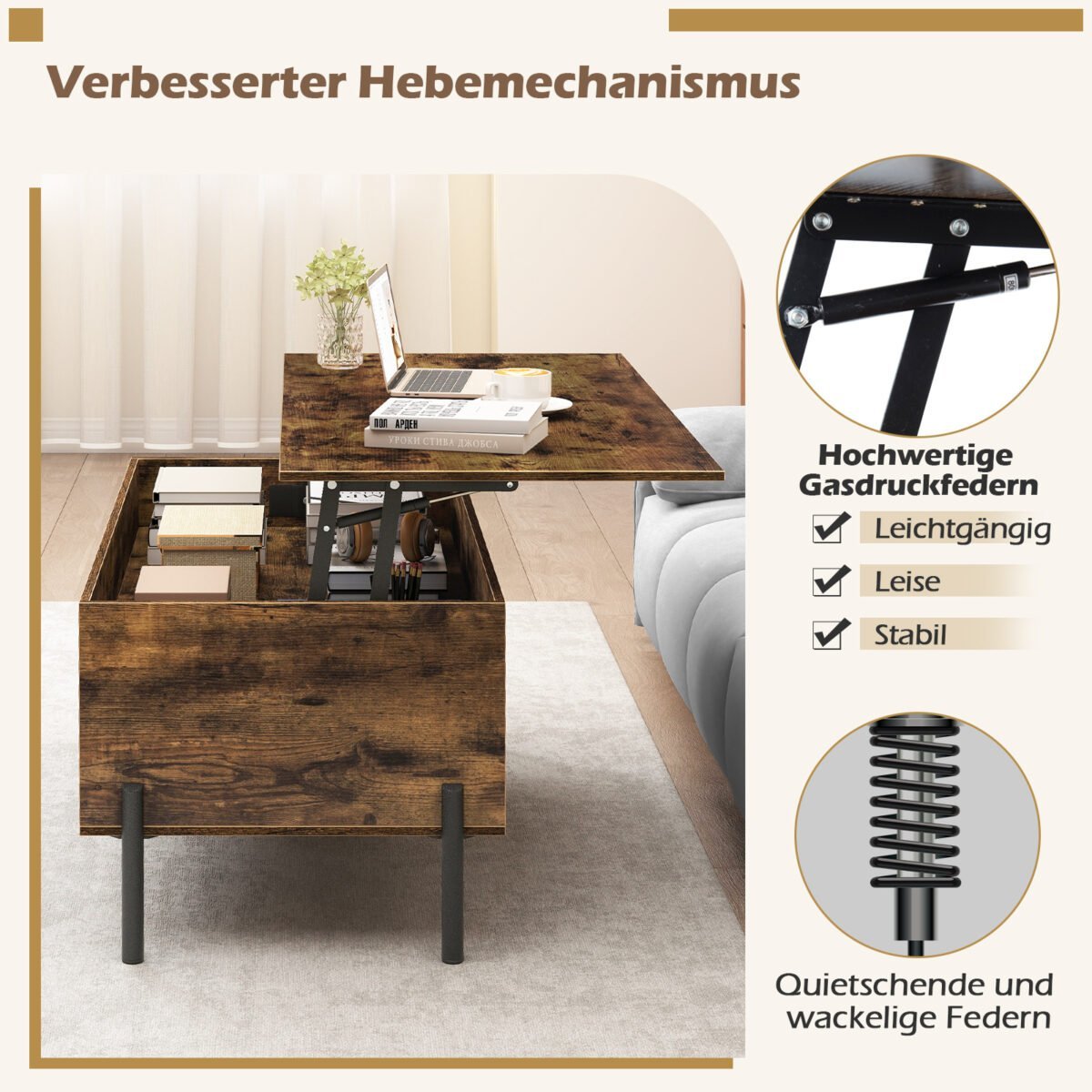 Reguliuojamo aukščio kavos staliukas su pakeliamu stalviršiu (Ruda) – Paveikslėlis 4