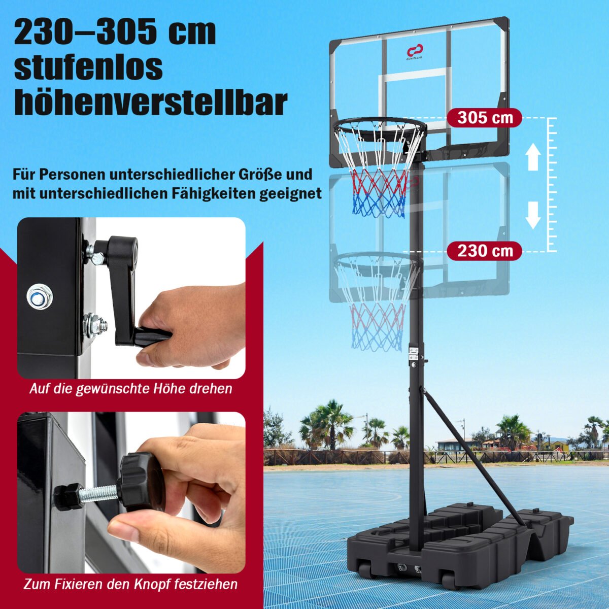 Reguliuojamo aukščio mobilus krepšinio stovas su ratukais (Juoda) – Paveikslėlis 3