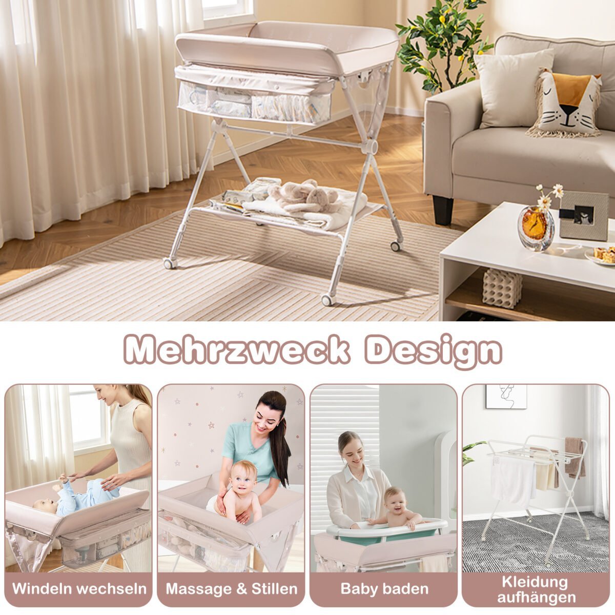 Reguliuojamo aukščio sulankstomas kūdikio vystymo stalas su ratukais (Natūrali) – Paveikslėlis 3