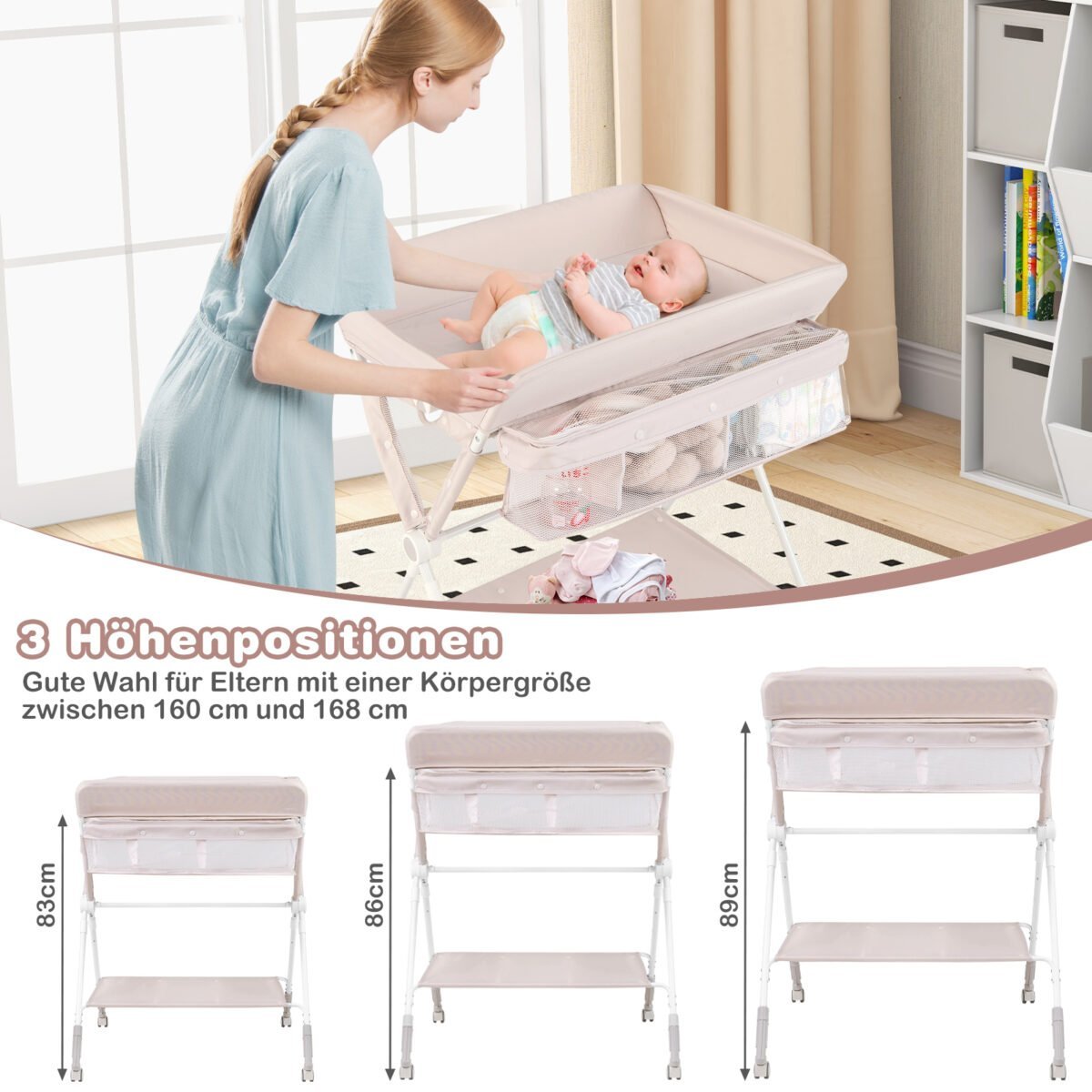 Reguliuojamo aukščio sulankstomas kūdikio vystymo stalas su ratukais (Natūrali) – Paveikslėlis 4