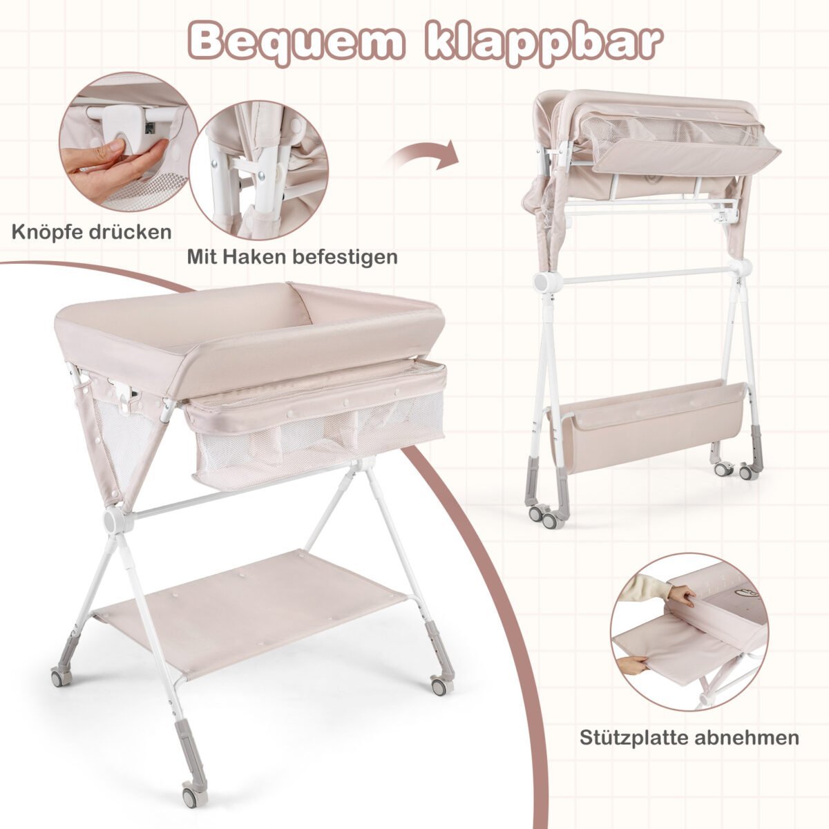 Reguliuojamo aukščio sulankstomas kūdikio vystymo stalas su ratukais (Natūrali) – Paveikslėlis 5