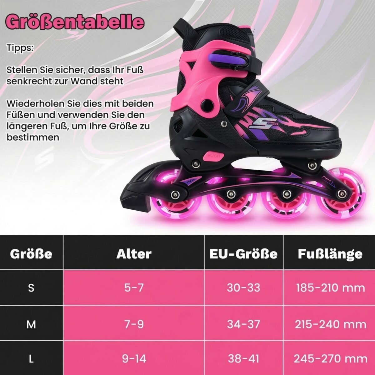 Reguliuojamos vaikiškos riedučiai-pačiūžos su šviečiančiais ratais EU 38-41 (Rožinė) – Paveikslėlis 2