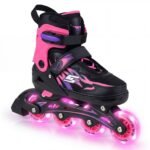 Reguliuojamos vaikiškos riedučiai-pačiūžos su šviečiančiais ratais (Rožinė)