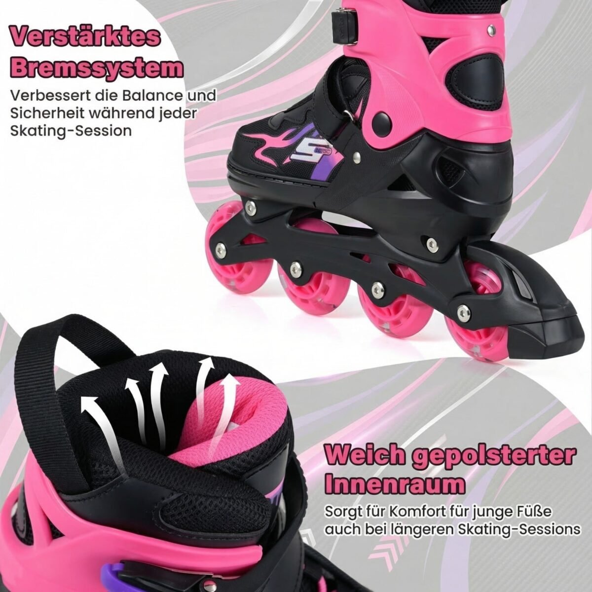 Reguliuojamos vaikiškos riedučiai-pačiūžos su šviečiančiais ratais EU 38-41 (Rožinė) – Paveikslėlis 3