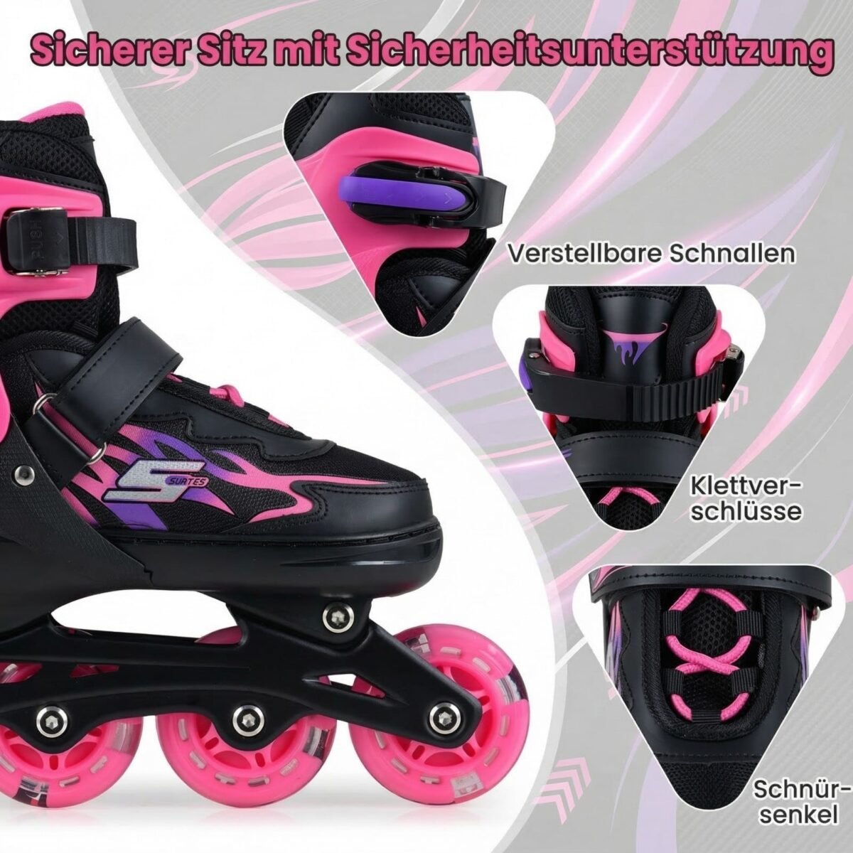 Reguliuojamos vaikiškos riedučiai-pačiūžos su šviečiančiais ratais EU 38-41 (Rožinė) – Paveikslėlis 4