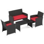 Rotango lauko baldų komplektas su dvisėde sofa kėdėmis ir staliuku (Raudona)