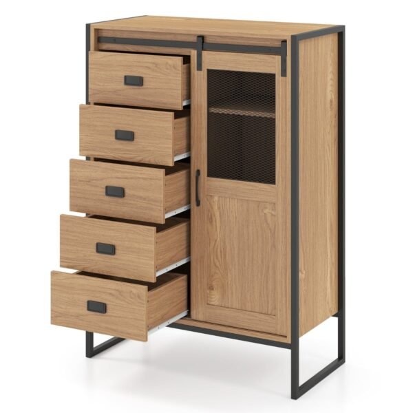 Rustikali komoda su stumdomomis durimis ir 5 stalčiais (Natūrali)