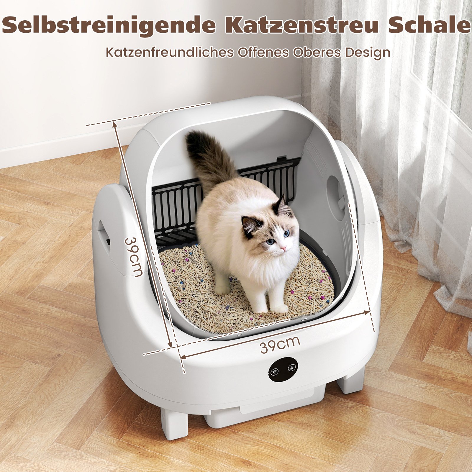 Savaime išsivalanti kačių tualeto dėžė su programėle ir kvapo kontrole (Balta)