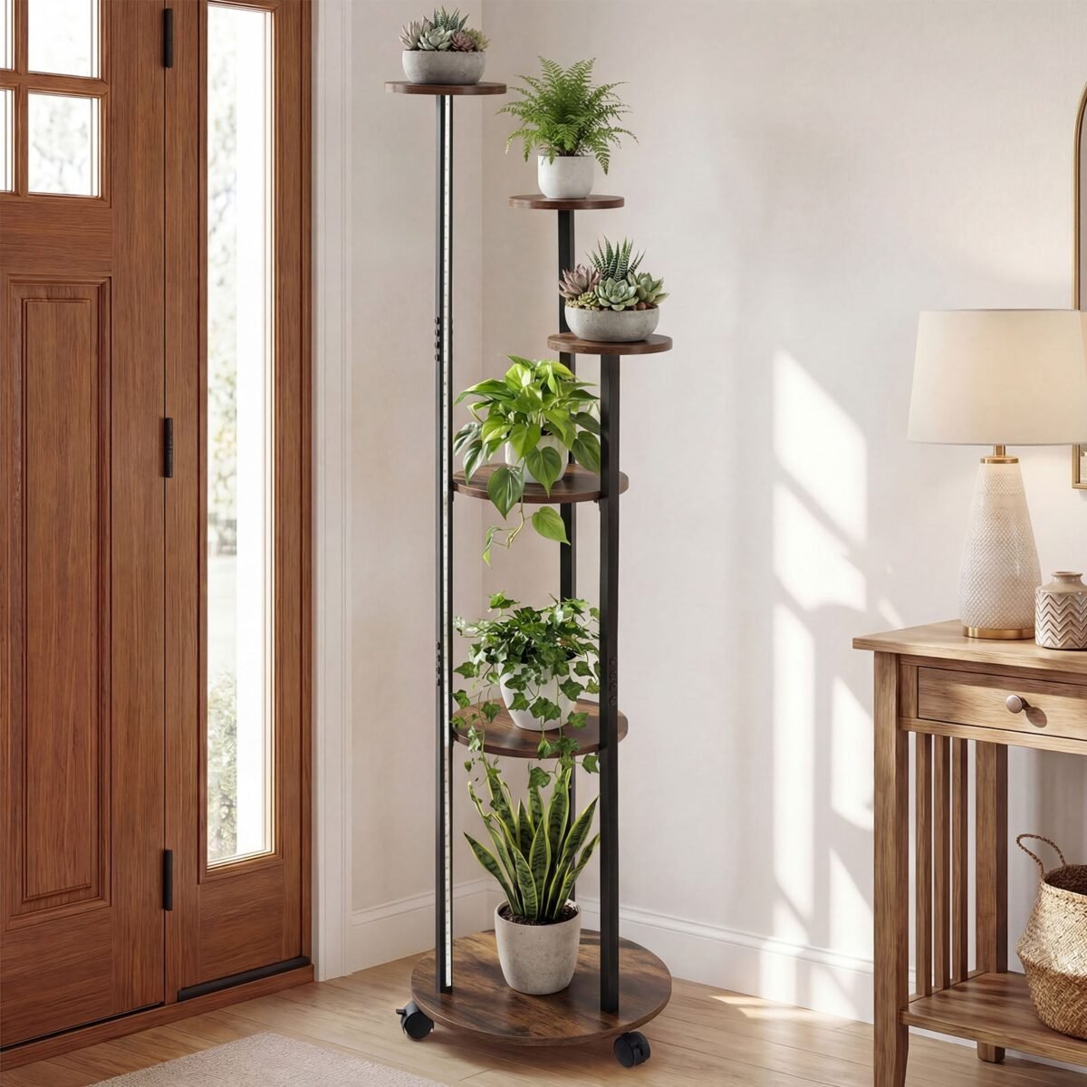 Šešių lygių augalų stovas su LED apšvietimu ir ratukais (Ruda ir juoda) – Paveikslėlis 2