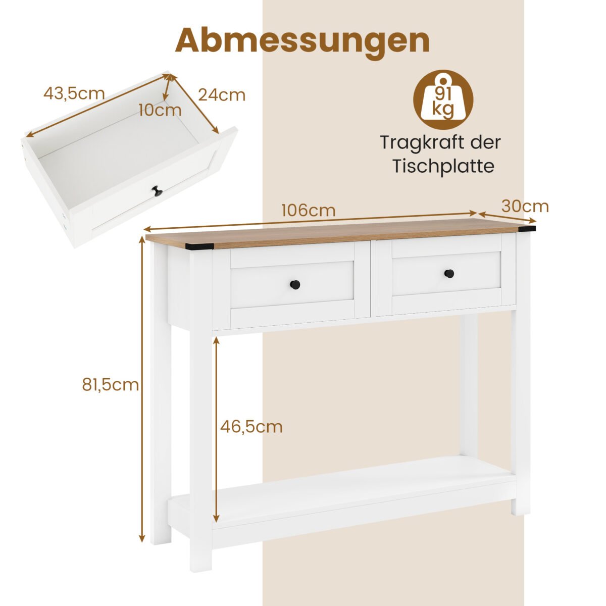 Siauras konsolinis staliukas su dviem stalčiais ir atvira lentyna (Balta) – Paveikslėlis 2