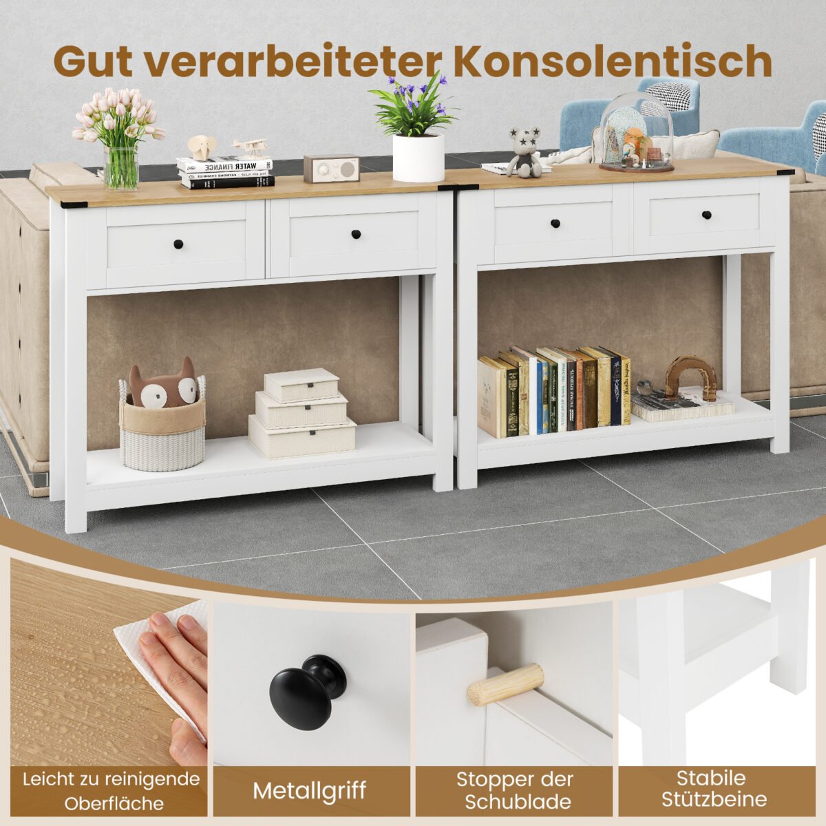 Siauras konsolinis staliukas su dviem stalčiais ir atvira lentyna (Balta) – Paveikslėlis 4