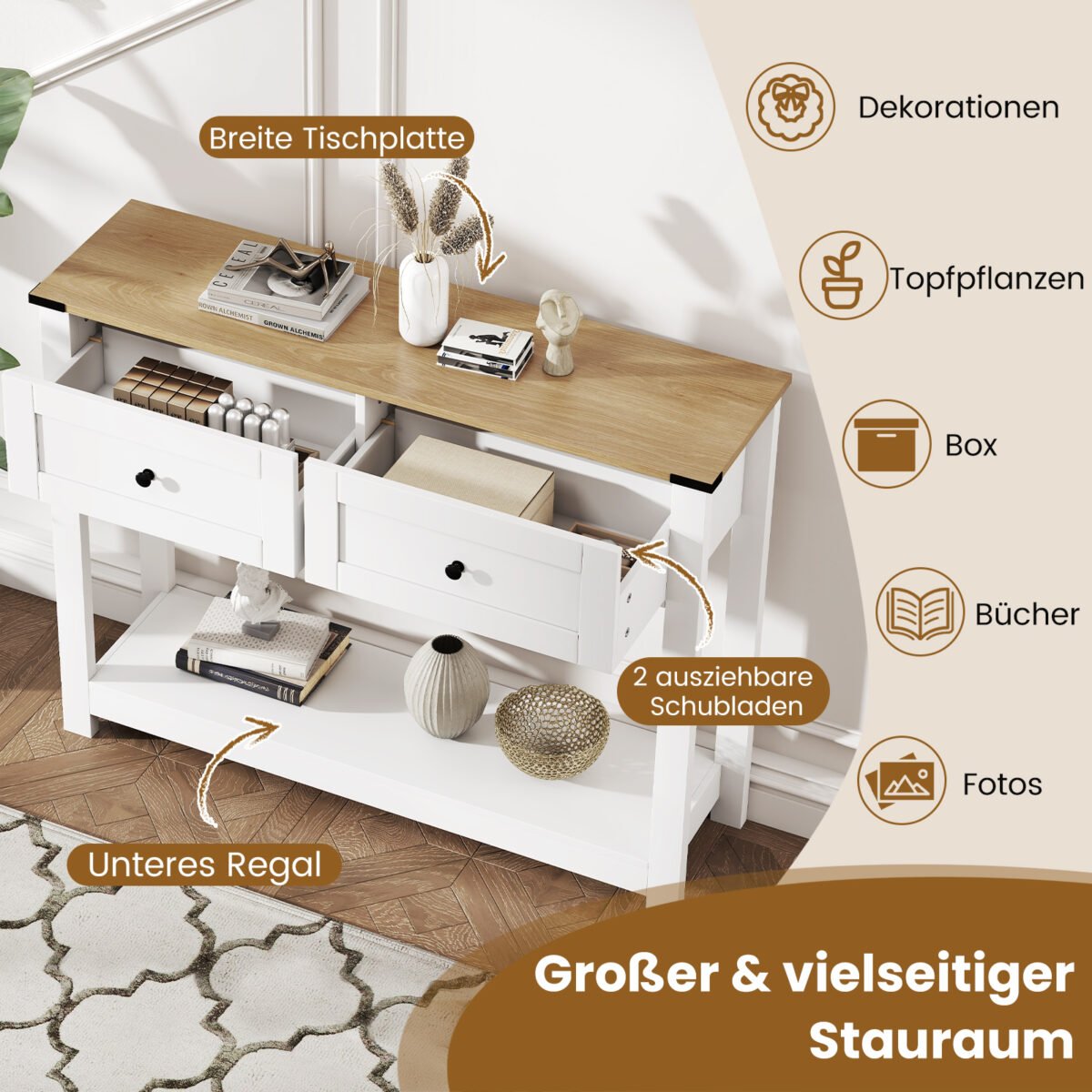 Siauras konsolinis staliukas su dviem stalčiais ir atvira lentyna (Balta) – Paveikslėlis 5